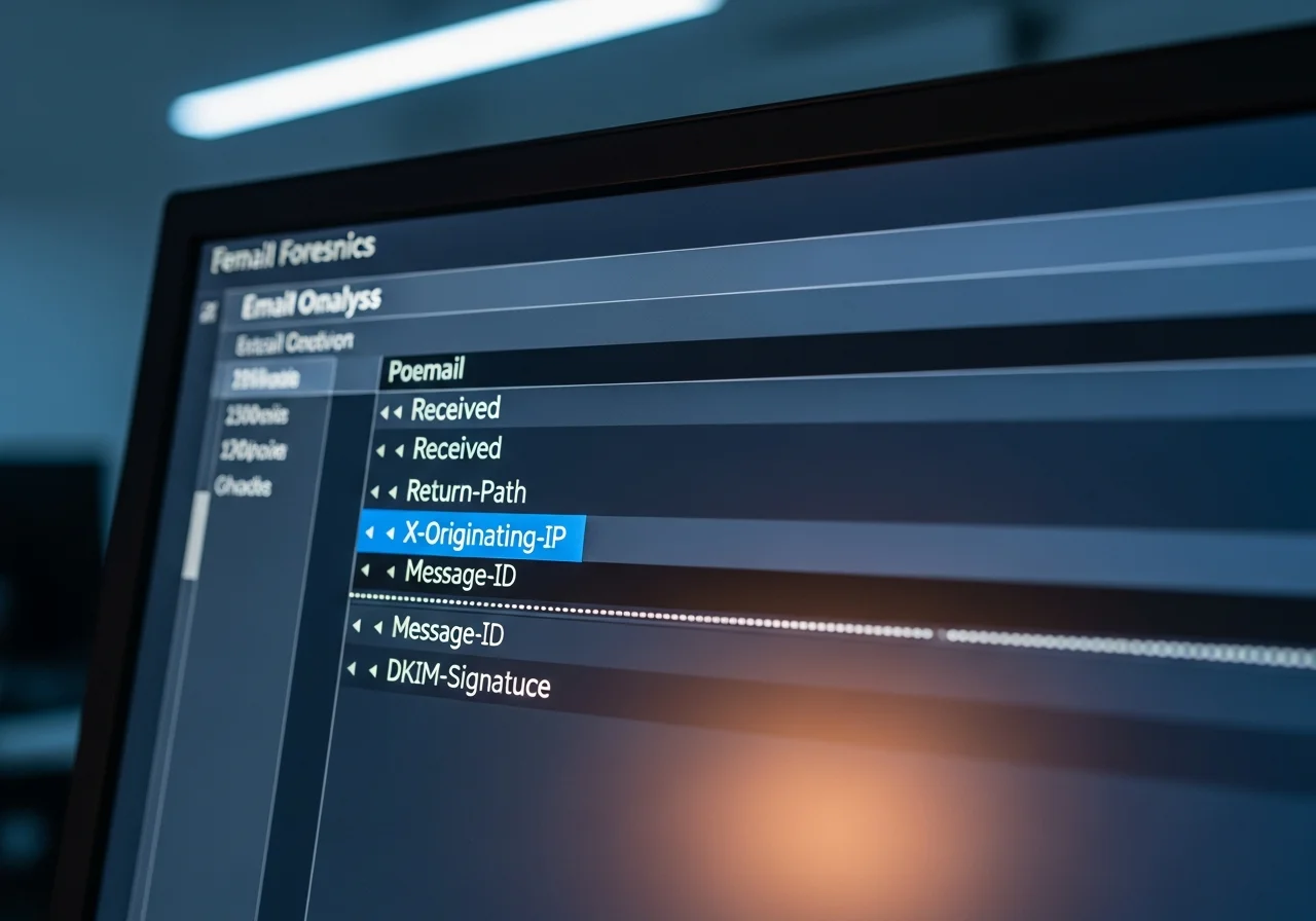 Nahaufnahme einer E-Mail-Forensik-Analyse mit hervorgehobenen Metadaten-Headern auf einem Monitor