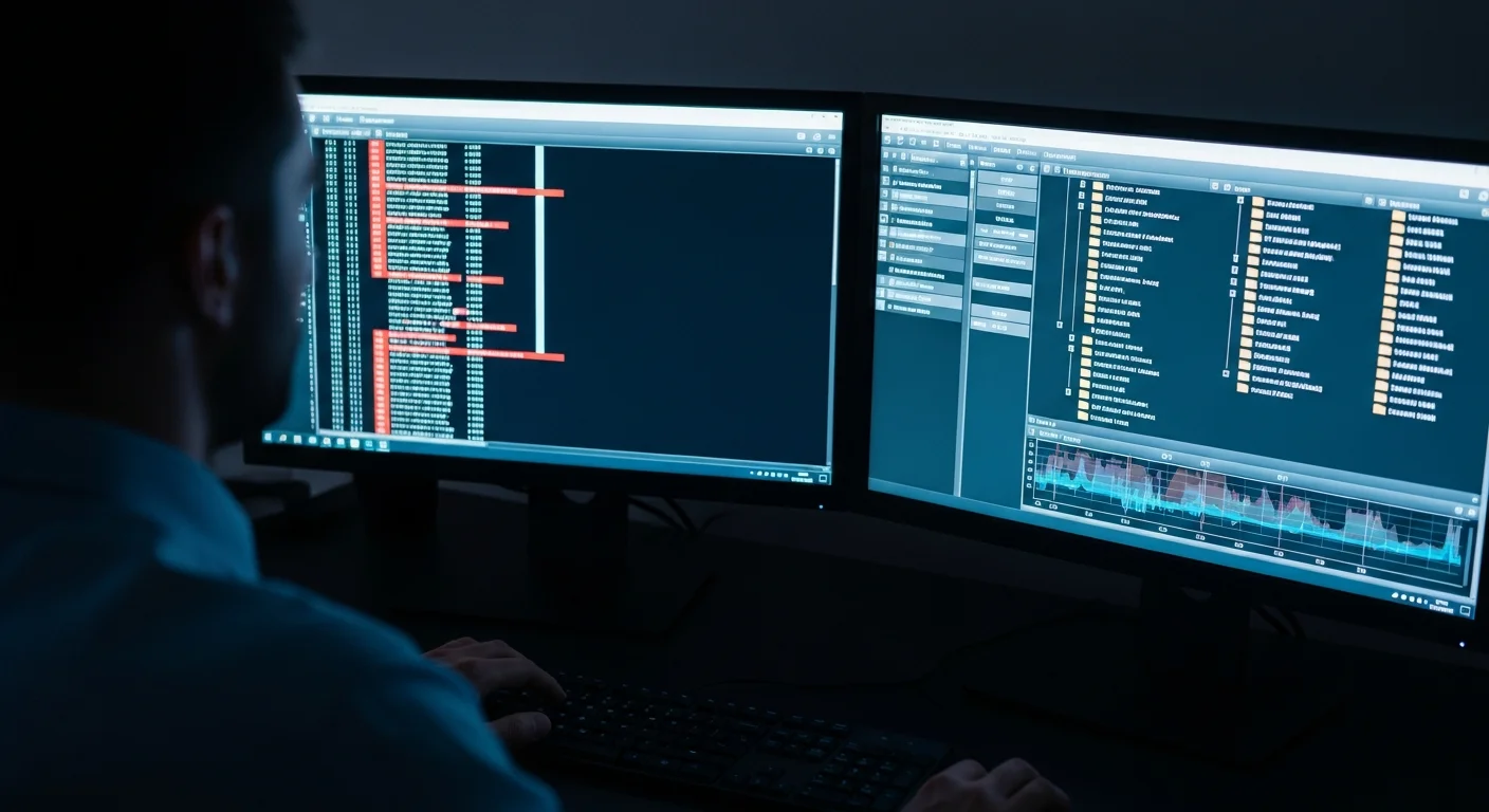 IT-Forensik-Experte an einer Mehrmonitor-Workstation bei der Analyse digitaler Beweise